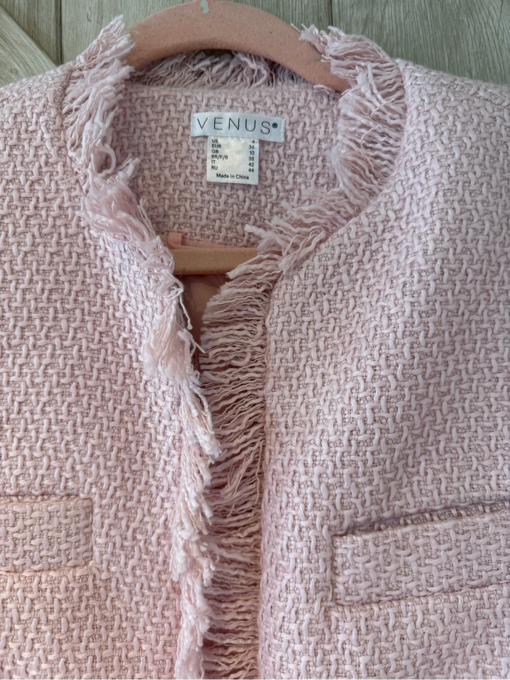 VENUS Blush Pink Tweed Fringe-Trim Long Blazer Perfect for Fall - Picture 11 of 11